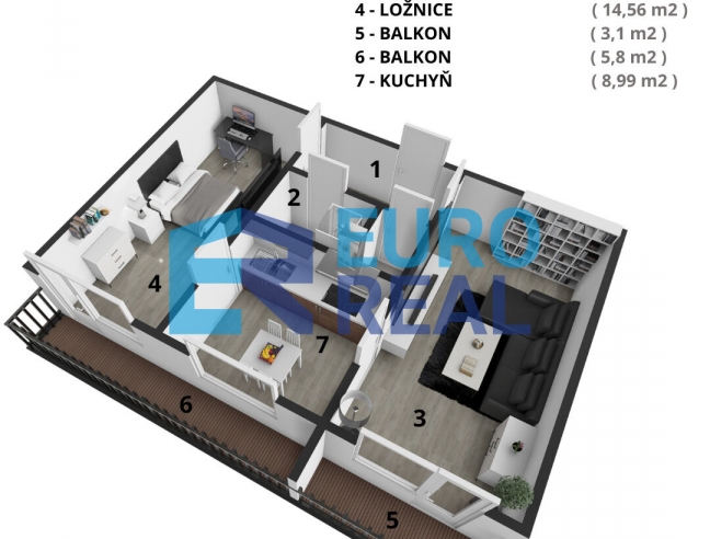 prodej bytu 61 m² 2+1, 2x balkon